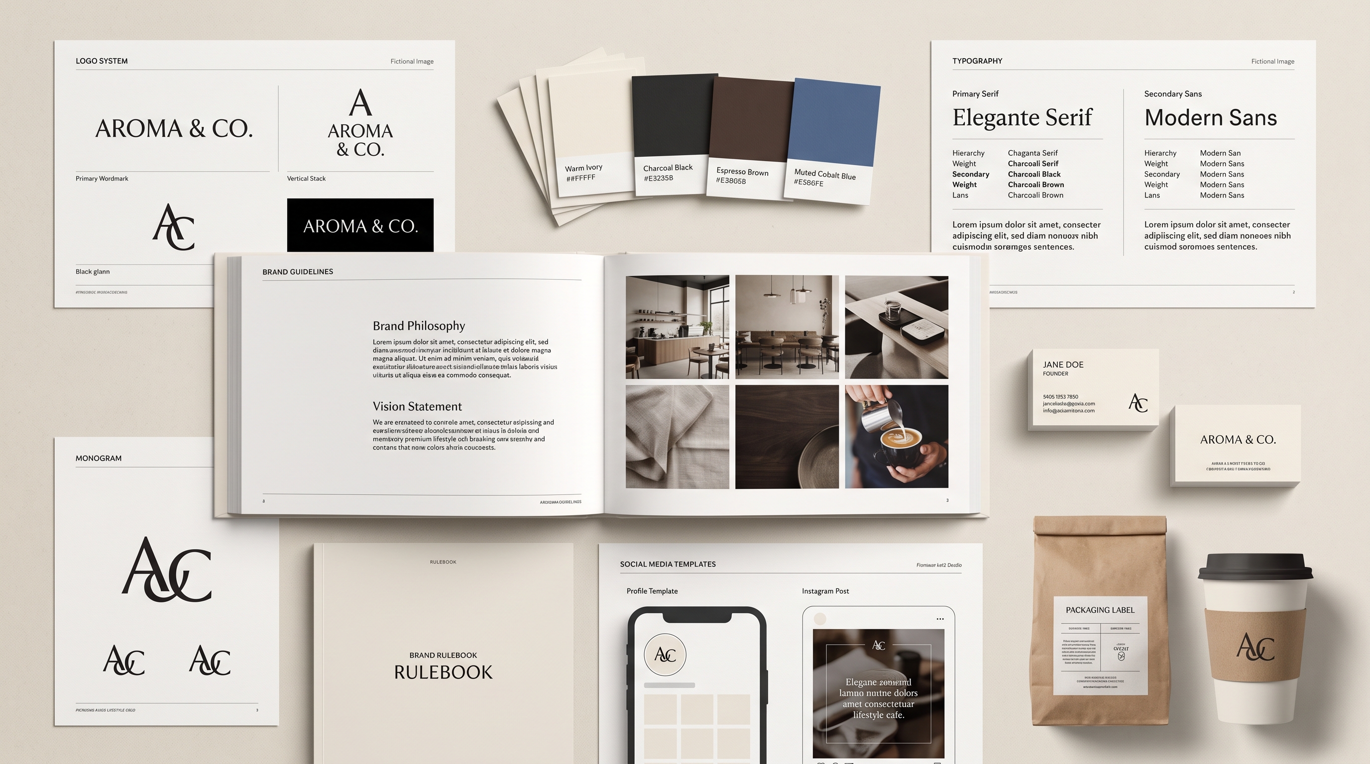 Aroma and Co brand guideline spread with logo system, typography, colour swatches, stationery, and packaging