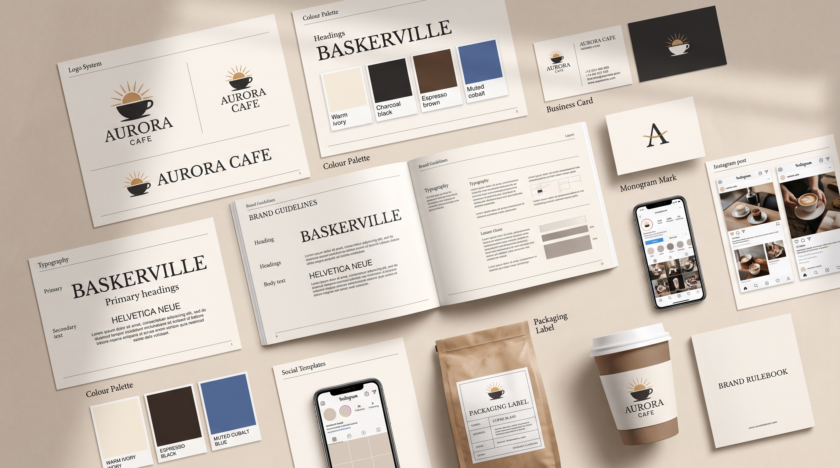 Aurora Cafe brand identity system with logo, colour palette, typography, packaging, and social templates