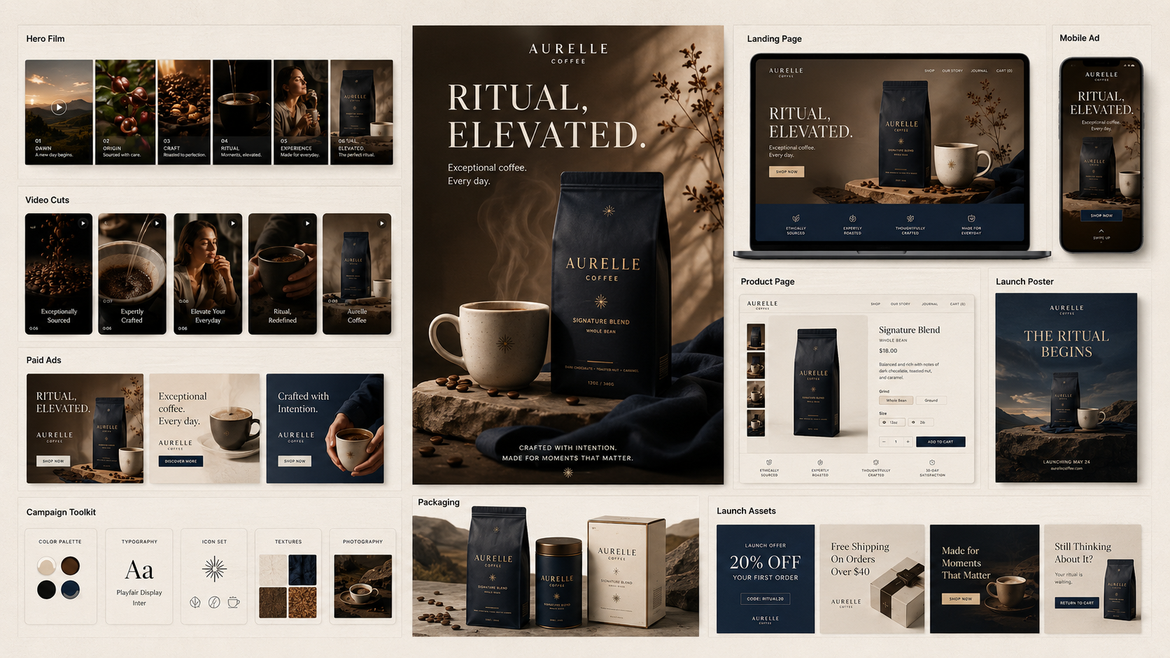 Aurelle Coffee product campaign system with hero film, landing page, mobile ad, paid ads, product page, launch poster, packaging, and launch assets