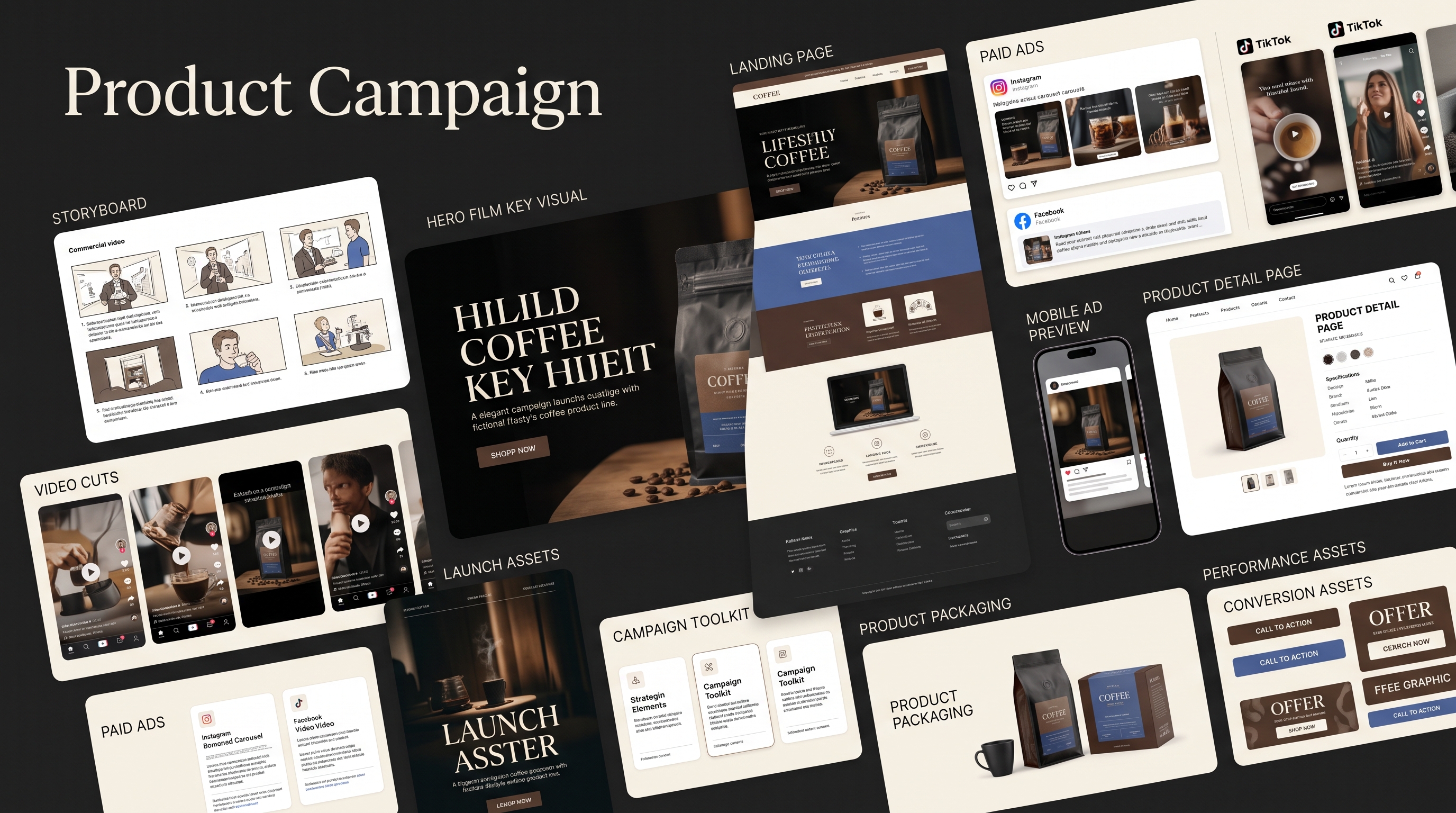 Dark product campaign board with storyboard, hero film key visual, landing page, paid ads, mobile preview, product detail page, packaging, and conversion assets