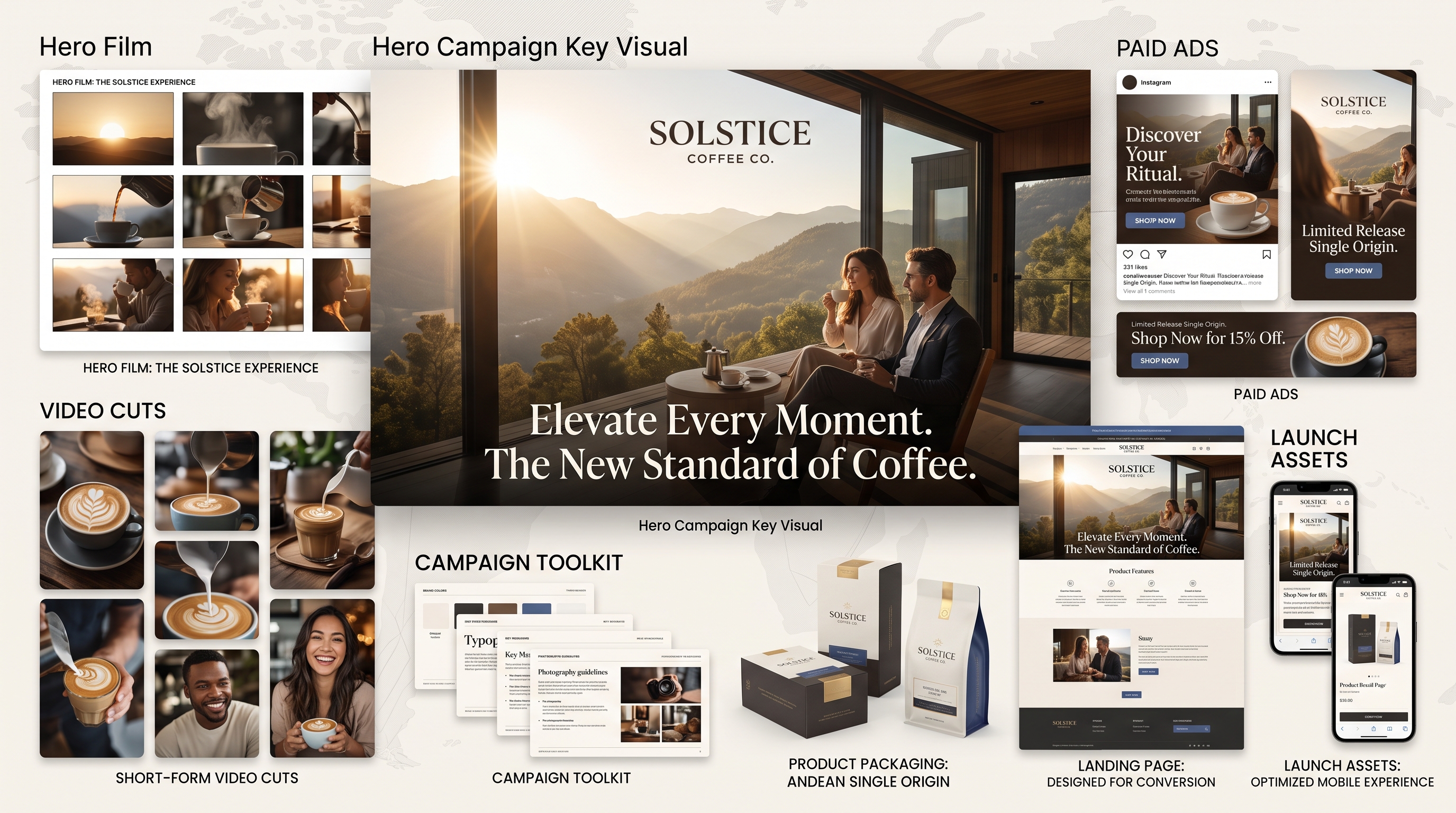 Solstice Coffee campaign board with hero campaign visual, paid ads, video cuts, toolkit, packaging, landing page, and launch assets