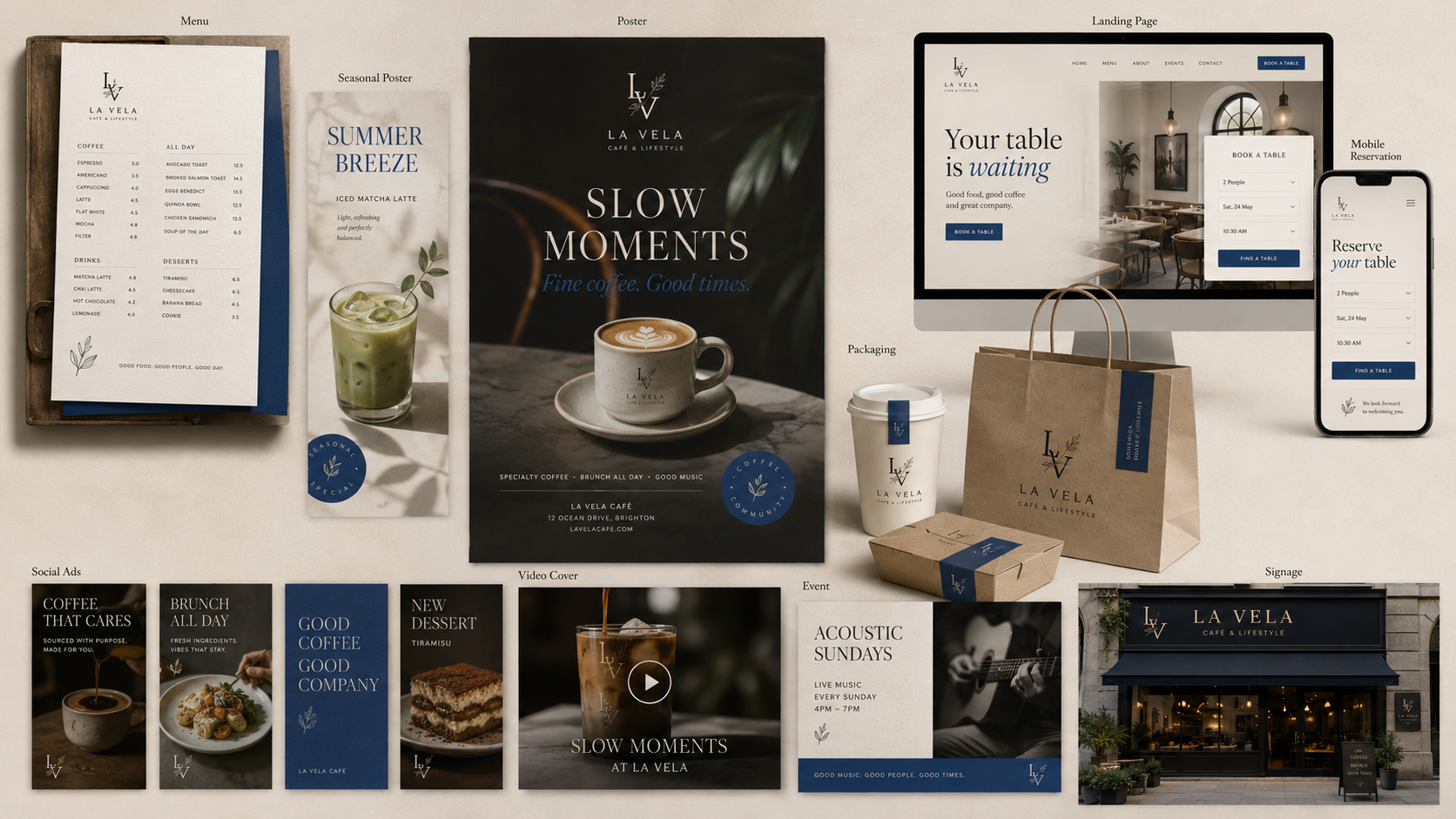La Vela cafe campaign board with menu, poster, landing page, mobile reservation, packaging, social ads, video cover, event asset, and signage