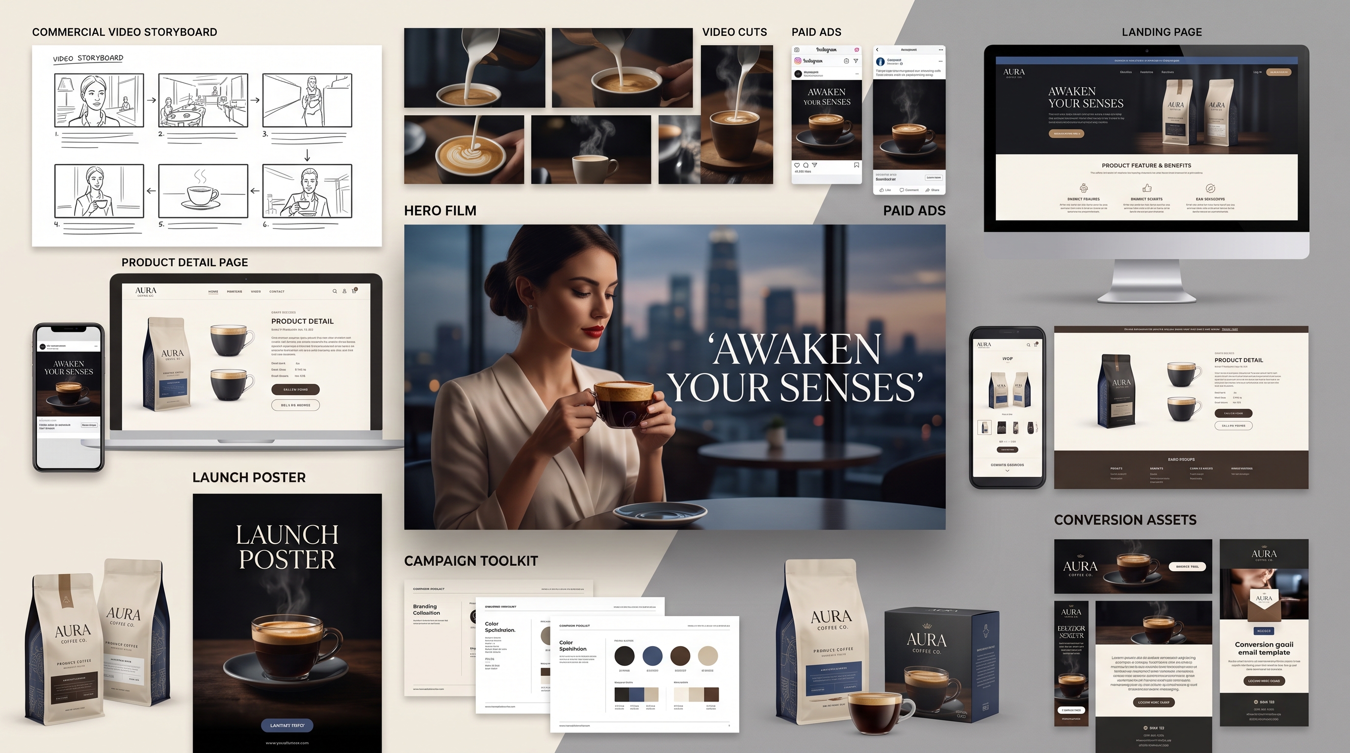 Aura Coffee product visual board with storyboard, video cuts, paid ads, landing page, product detail pages, hero film, launch poster, toolkit, packaging, and conversion assets