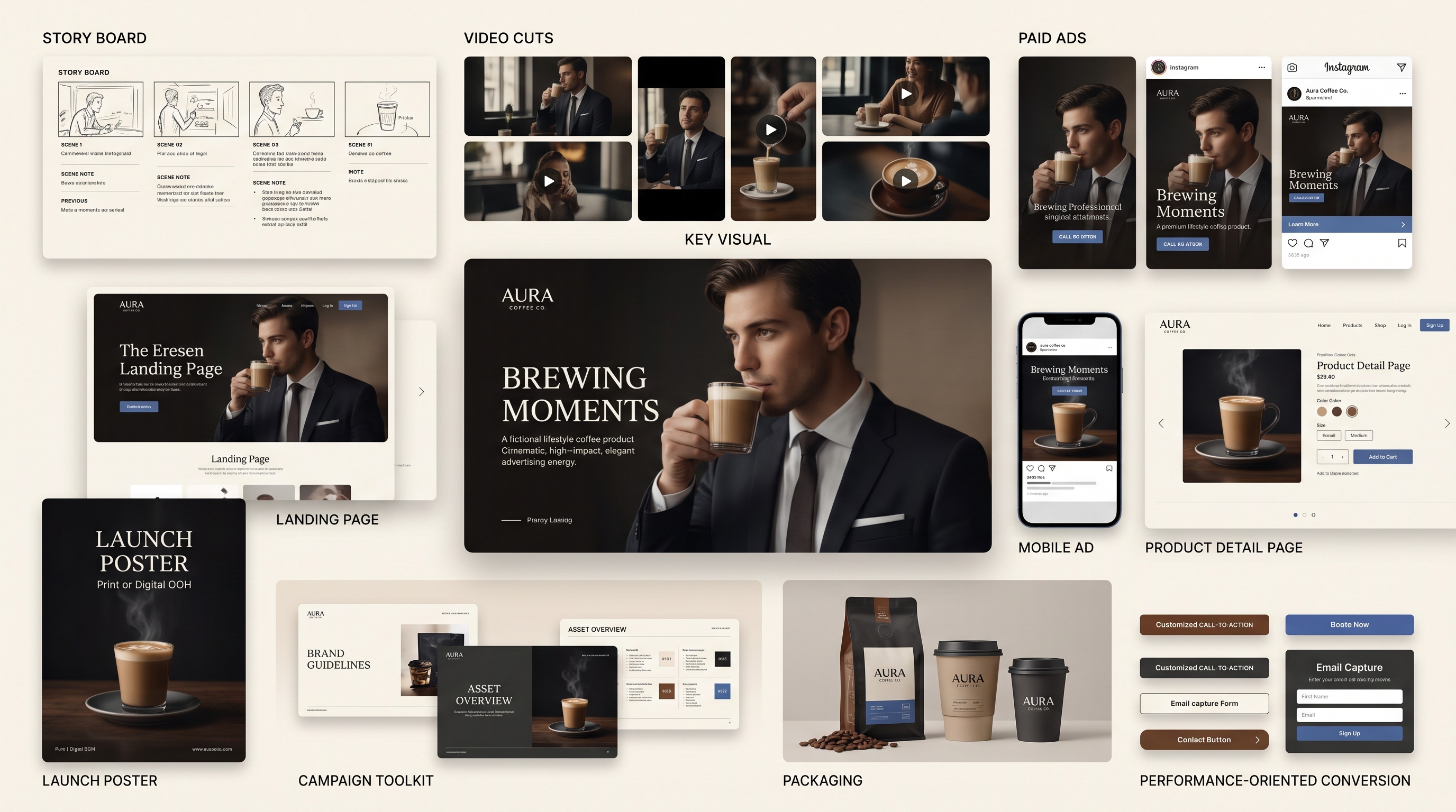 Aura Coffee visual board with storyboard, video cuts, key visual, landing page, paid ads, mobile ad, product detail page, packaging, and conversion assets